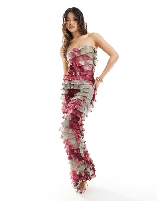 Missy Empire – Trägerloses, gemustertes Maxikleid in Rosa und Grün mit Rüschen