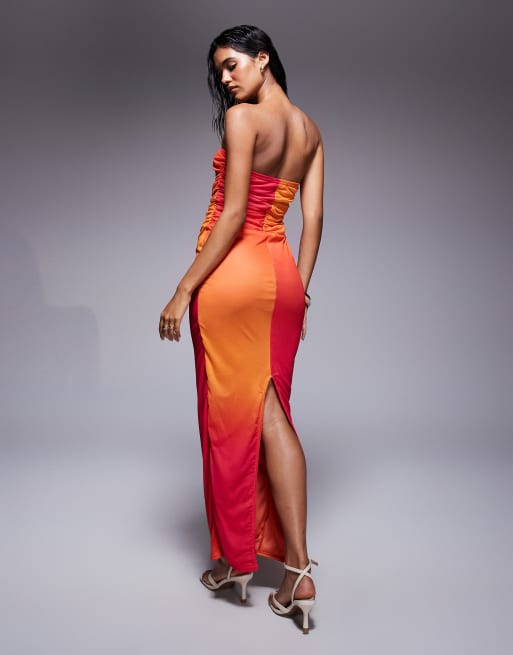 Missy Empire – Trägerloses Netzstoff-Maxikleid in Ombré-Orange mit geraffter Seite, 3 von 4