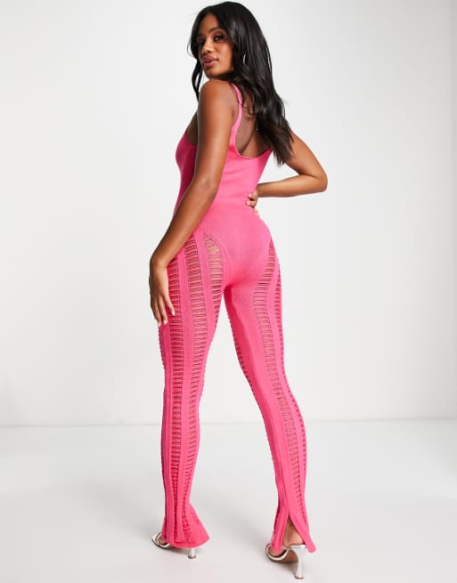 Missy Empire - Tuta jumpsuit rosa acceso con smagliature, 2 di 4