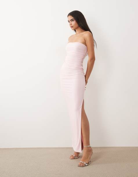 Missy Empire - Vestido largo rosa ceñido con escote palabra de honor y detalle fruncido en la cintura de tejido ajustado doble - view 1