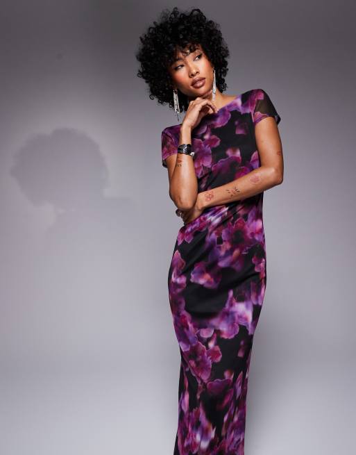 Missy Empire - Vestito lungo viola a fiori con scollo a barchetta, maniche ad aletta e scollo rotondo sul retro