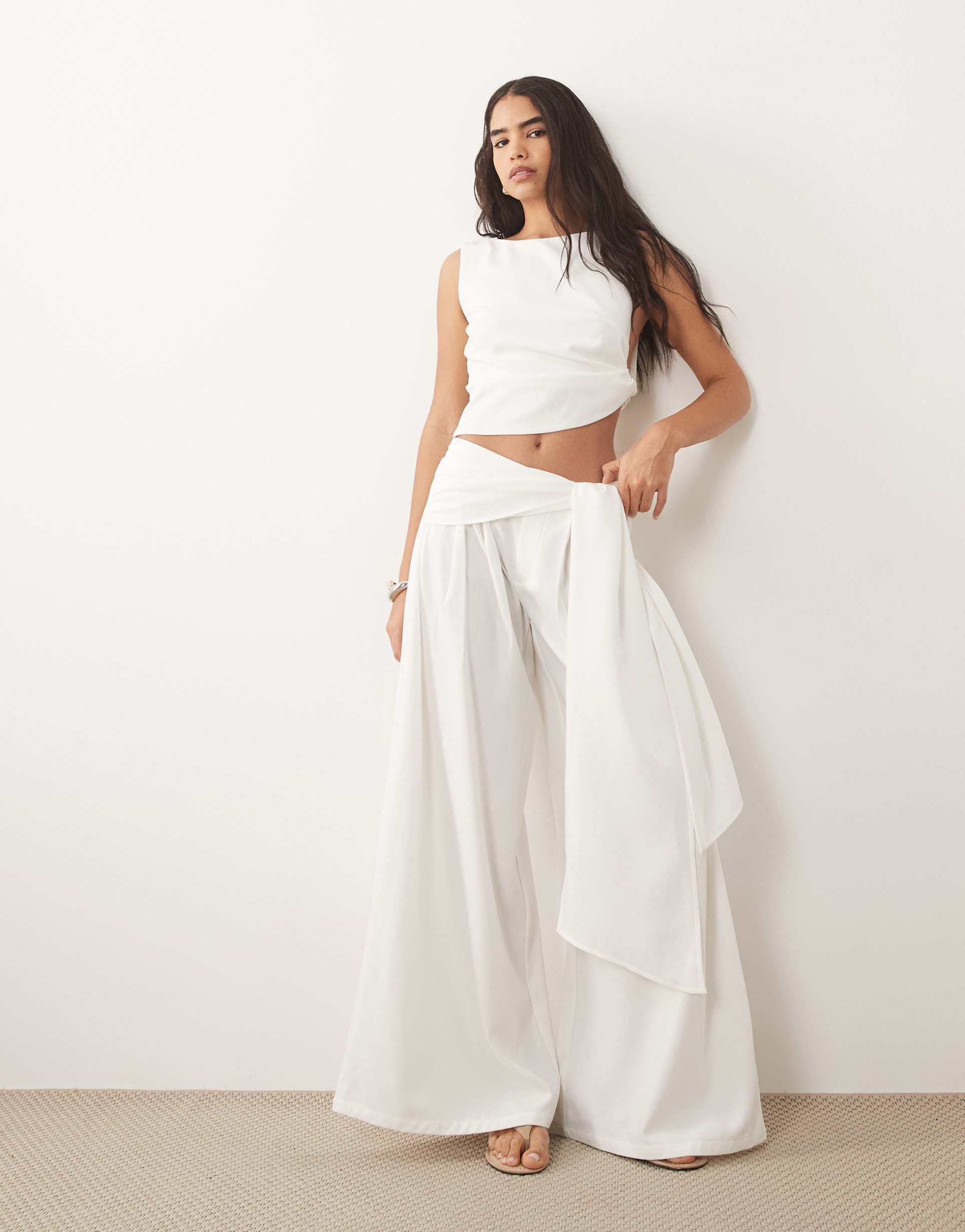 missy empire volume drape tie front wide leg pants in white - part of a set