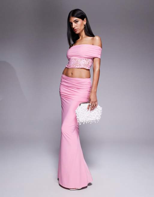 Missy Empire - Vormgevende maxi rok van gladde gelaagde stof met gerimpelde zijkanten in roze, deel van co-ord set