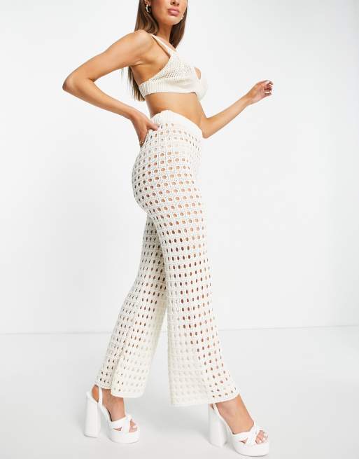 Missy Empire wide leg crochet pants in white