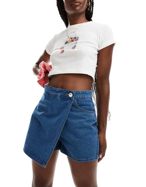 Missy Empire wrap front denim skort in blue