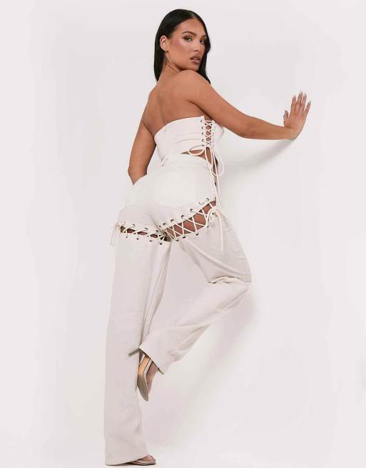 Missy Empire x Aaliyah Ceilia lace straight leg jeans in cream (part of a set)