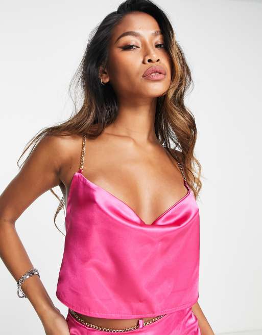 Missy Empire X Emily Faye Miller satin top with chain detail in pink (Part of a set)