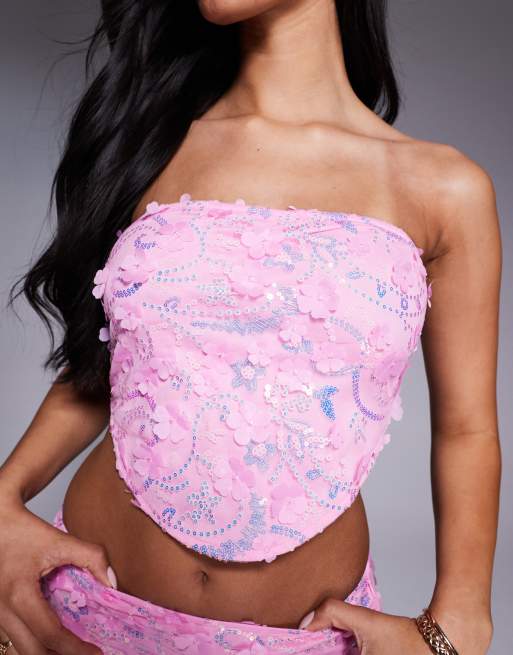 Missy Empire 【 Floral Printed Ruched Bandeau Top Women 】 レディース Missyempire 3D floral sequin bandeau curved hem top in pink