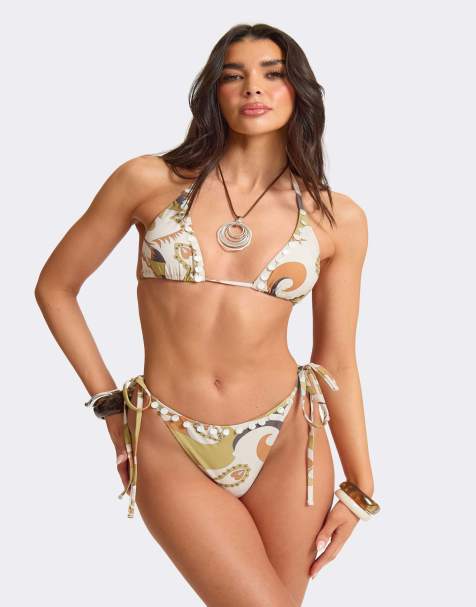 Missyempire Abstract print shell trim bikini bottom in olive - view 1