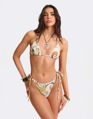 Missyempire Abstract print shell trim bikini bottom in olive