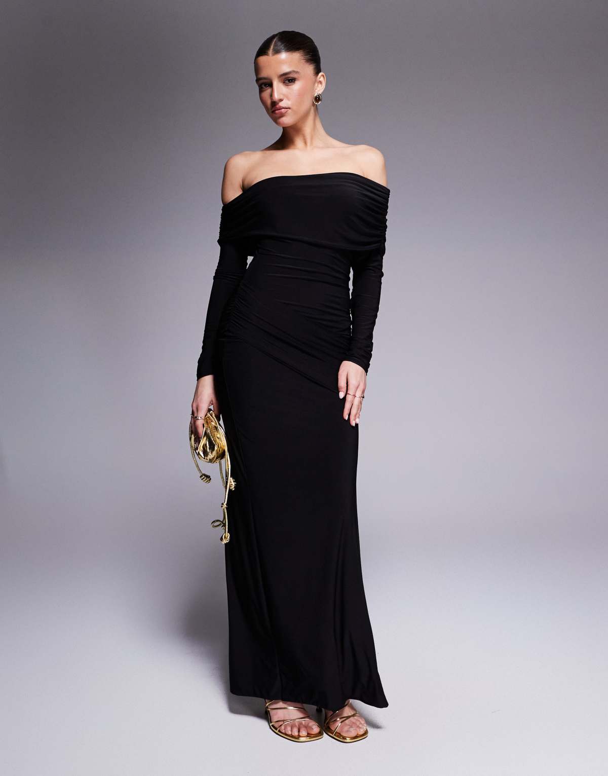 Missyempire asymmetric fold over shoulder drape detail bodycon maxi dress in black