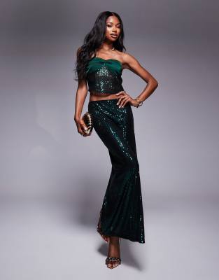 Missyempire Missyempire back split maxi skirt co-ord in emerald sequin-Green