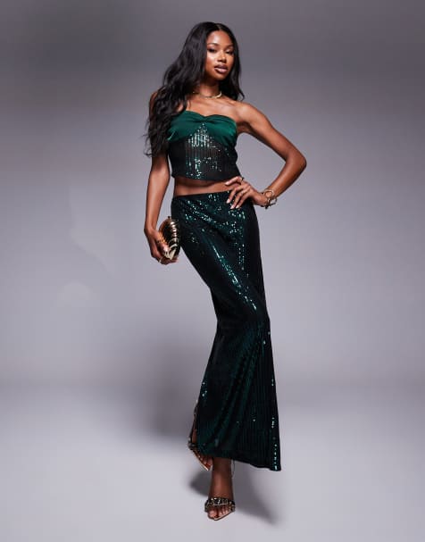 Missyempire back split maxi skirt co-ord in emerald sequin - view 1