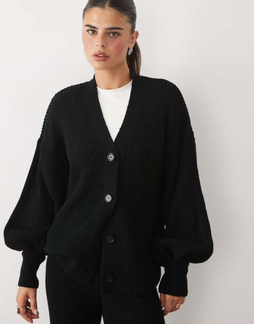 Missyempire balloon sleeve button through cardigan and trousers co-ord in black, 2 of 3