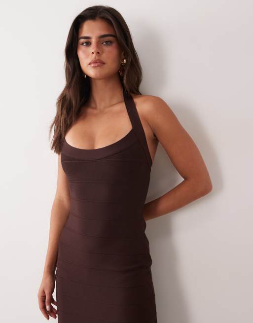 Missyempire bandage halter maxi dress in chocolate, 3 of 4