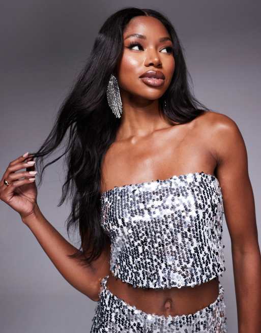 Missyempire bandeau crop top co-ord in silver sequin