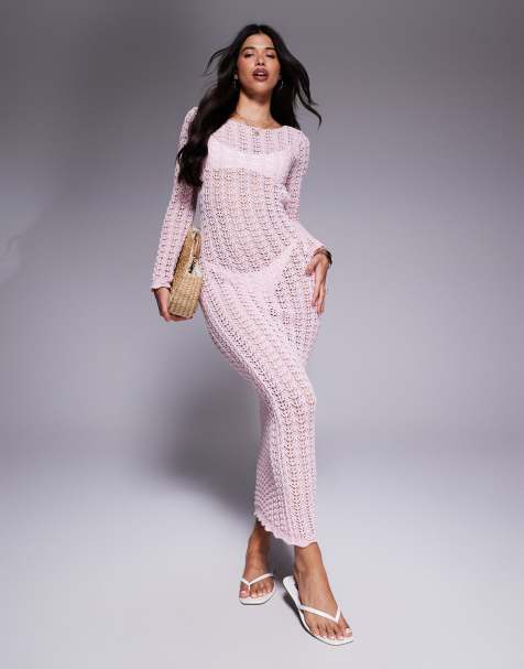 Missyempire beach crochet knit open back maxi dress in pink - view 1