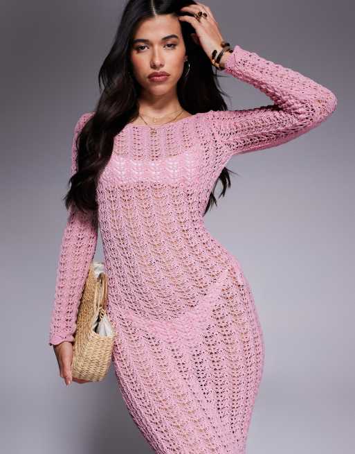 princess polly baby blue dress Missyempire beach crochet knit open back maxi dress in pink