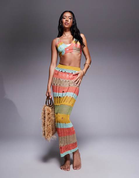 Missyempire beach distressed knit maxi skirt co-ord in multi stripe