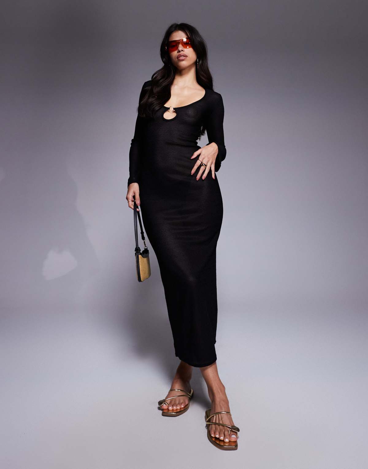 Missyempire beach sheer knit keyhole maxi dress in black