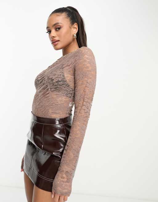 Missyempire - Body in pizzo con arricciatura color tortora