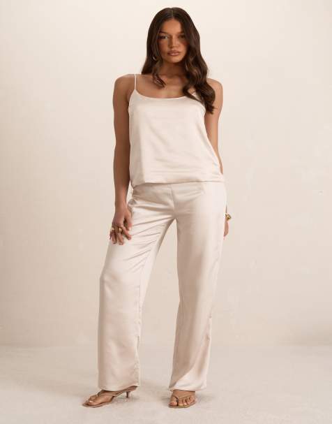 Missyempire Butter satin scoop neck loose fit cami top and trouser in cream - view 1