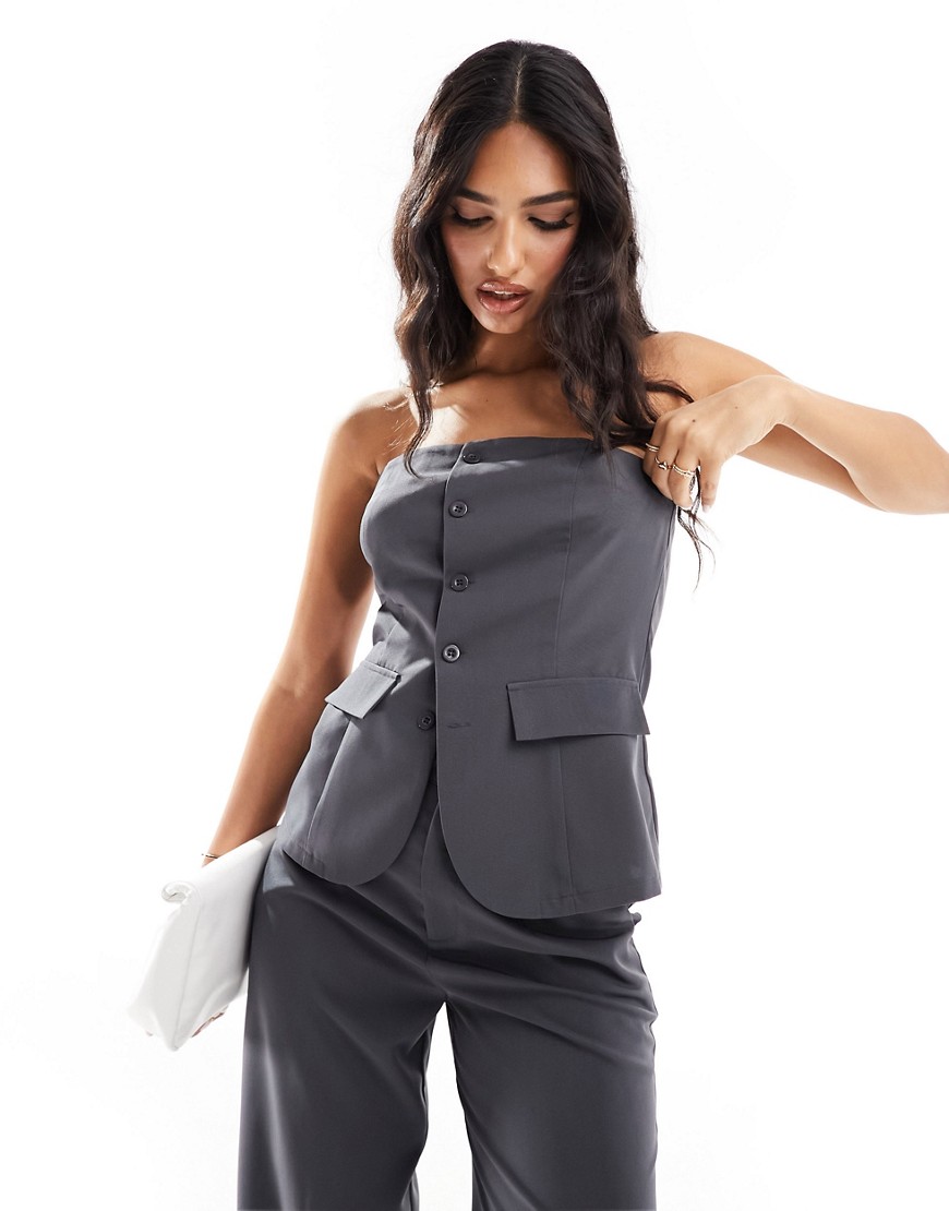 Missyempire button through bandeau top co-ord in charcoal-Grey