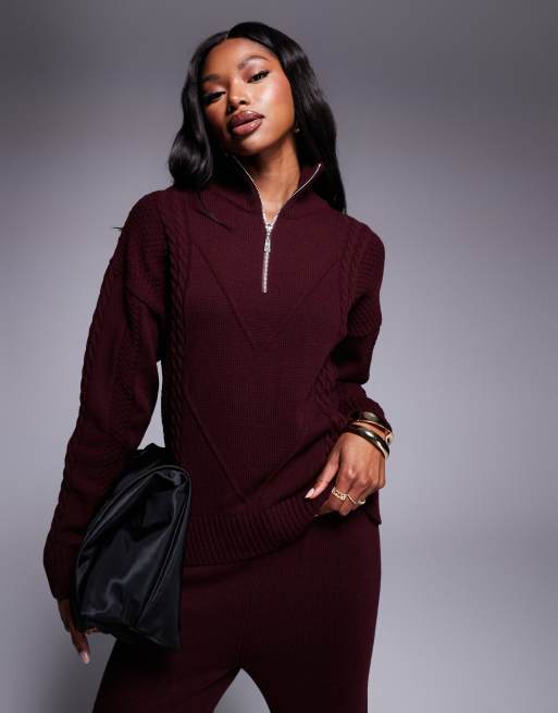 Missyempire cable knit half zip jumper co-ord in burgundy, 2 of 4
