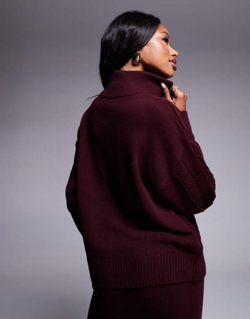 Missyempire cable knit half zip jumper co-ord in burgundy, 4 of 4