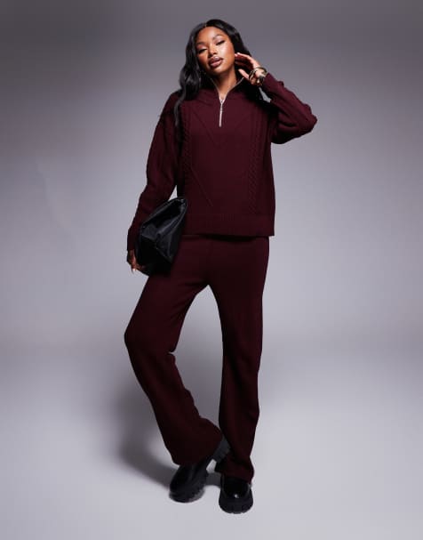 Missyempire cable knit half zip jumper & wide leg trouser co-ord in burgundy - view 1
