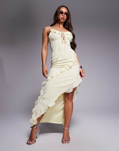 Missyempire cami frill trim asymmetric hem side split maxi dress in yellow - view 1