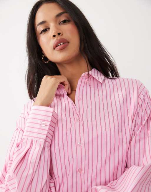 Missyempire - Camicia oversize in popeline rosa a righe in coordinato, 3 di 4