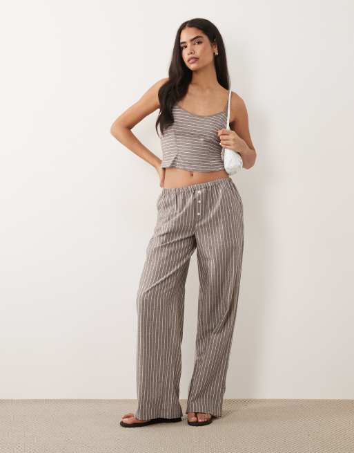 Missyempire - Canottiera in misto cotone marrone a righe con scollo rotondo in coordinato, 2 di 4