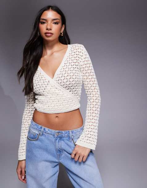 Missyempire - Cardigan a portafoglio beige all'uncinetto - view 1
