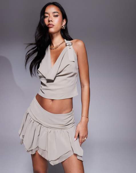 Missyempire chiffon cowl neck buckle detail top co-ord in stone