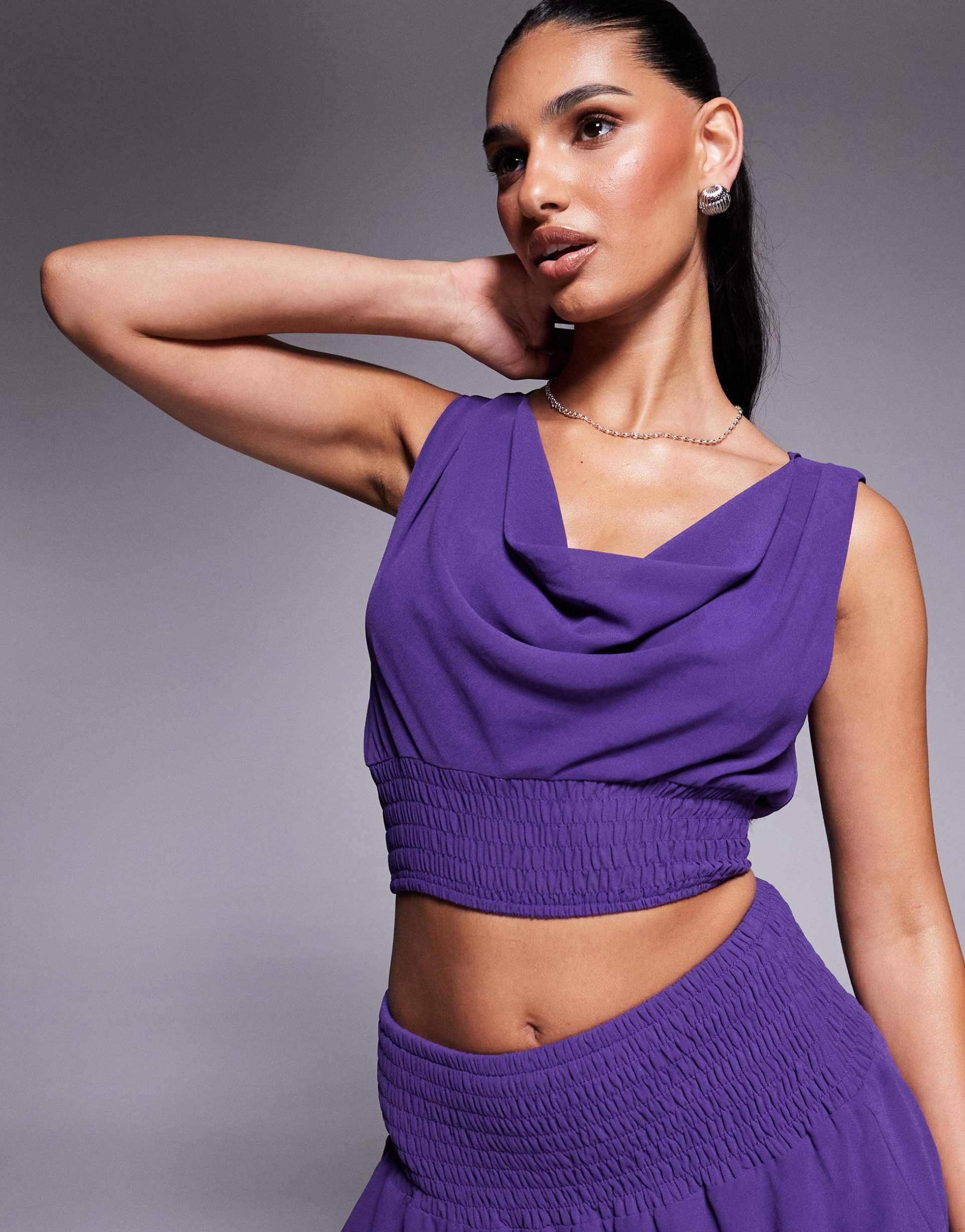 missyempire chiffon cowl neck shirred top in purple - part of a set