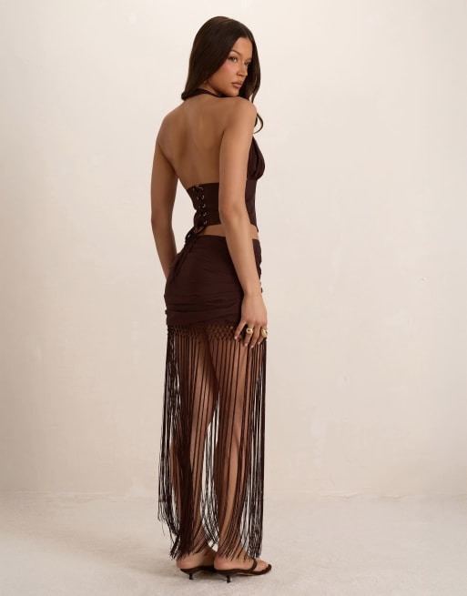 Missyempire Chiffon ruched tassel maxi skirt in chocolate, 2 of 4