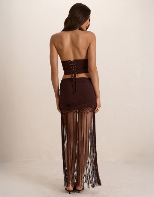 Missyempire Chiffon ruched tassel maxi skirt in chocolate, 3 of 4