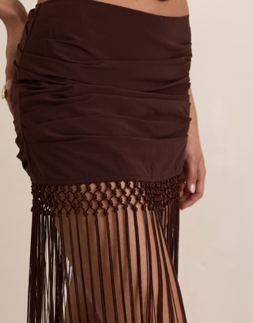 Missyempire Chiffon ruched tassel maxi skirt in chocolate, 4 of 4
