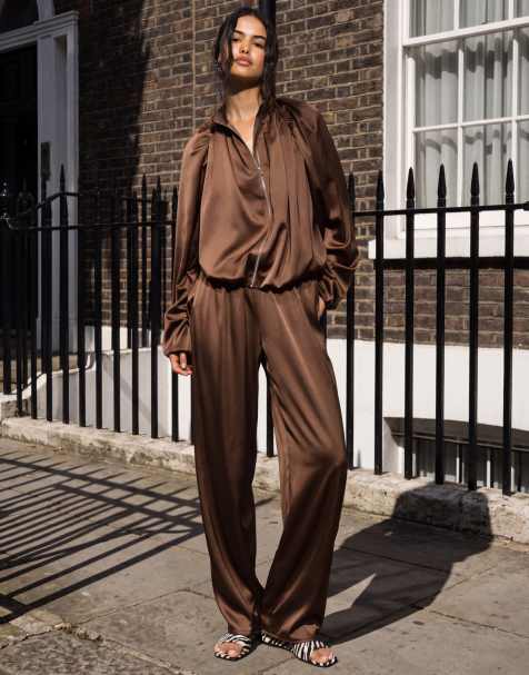 Missyempire co-ord pantaloni relaxed in satin con coulisse color cioccolato - view 1
