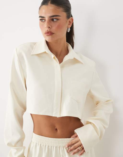 Missyempire collared cropped shirt and trousers co-ord in cream, 2 of 3