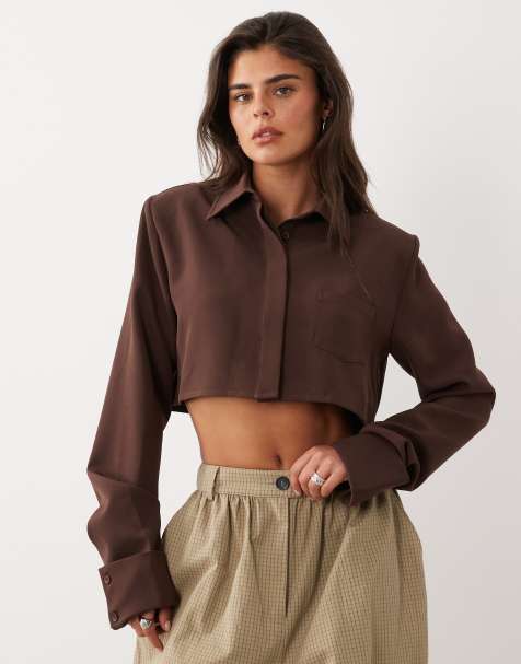 Missyempire collared cropped shirt in chocolate - view 1