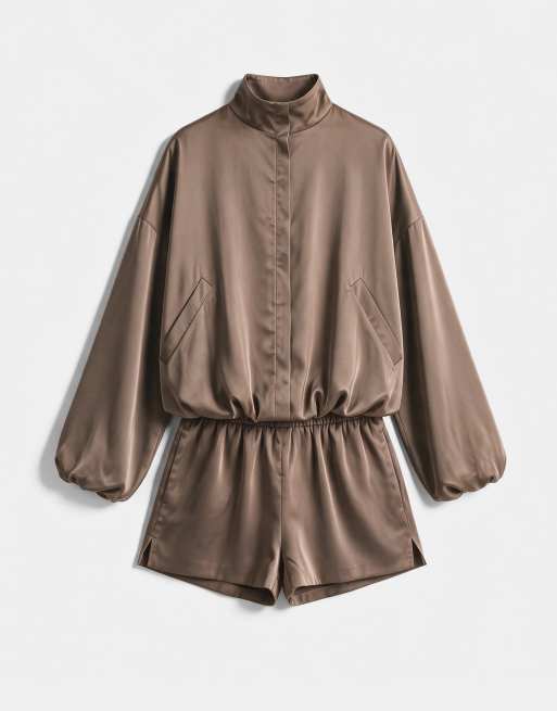 Missyempire combishort en satin à col cheminée, ourlet boule et manches, chocolat, 5 de 8