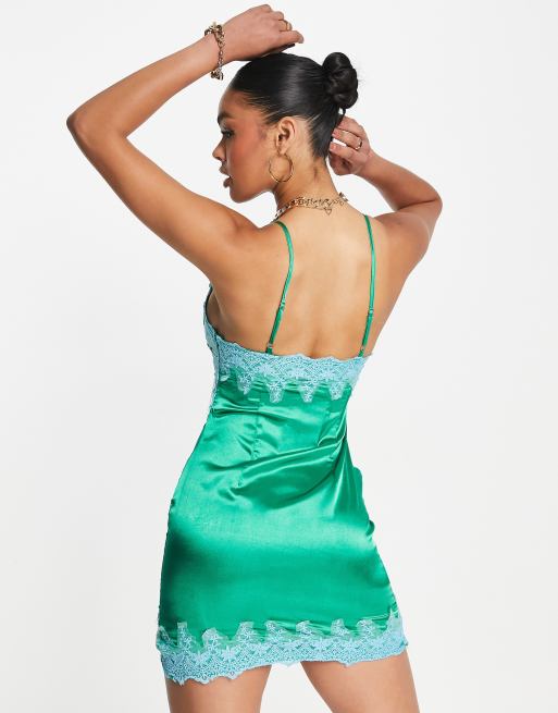 Missyempire contrast lace satin mini dress in green and turquoise blue |  ASOS