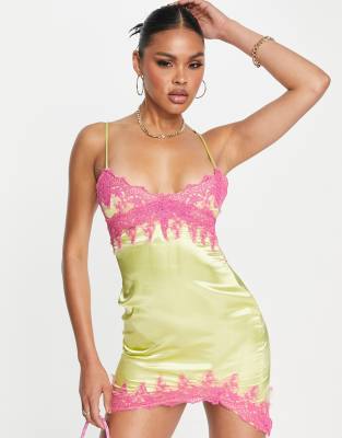 Missy Empire contrast lace satin mini dress in yellow and pink - ASOS Price Checker