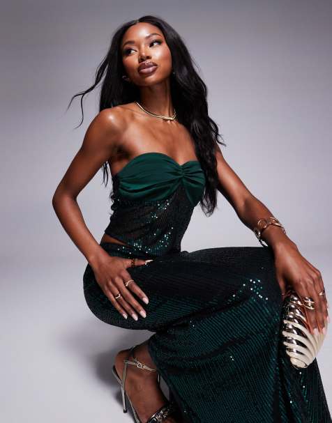 Missyempire contrast satin bandeau corset top co-ord in emerald sequin - view 1