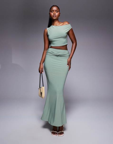 Missyempire - Coordinato a doppia struttura sinuoso color savia con top monospalla e gonna lunga incrociata sul davanti - view 1