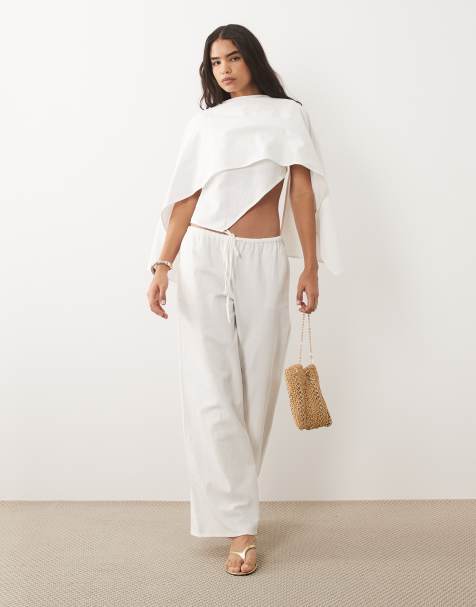 Missyempire - Coordinato bianco effetto lino con top a mantella drappeggiato e pantaloni - view 1