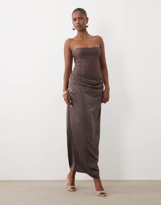 Missyempire corset bodice ruched waist satin maxi dress in mauve