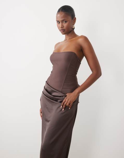 Missyempire corset bodice ruched waist satin maxi dress in mauve - view 1